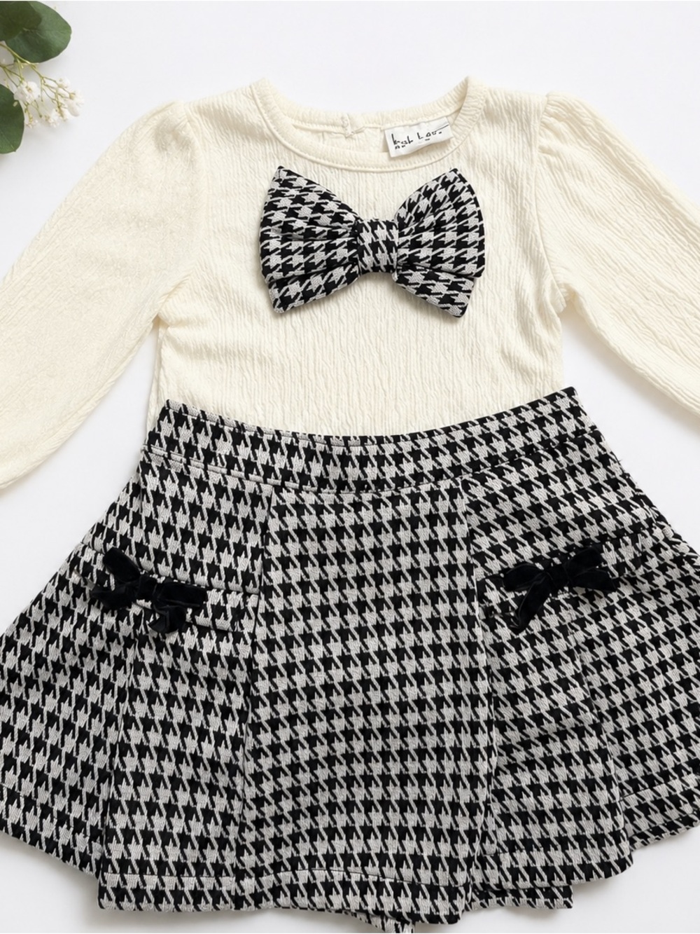 Nicole Miller Cream Top with Black & White Houndstooth Skirt Set for 9month old